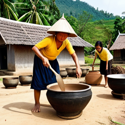 Home 19 **
A picturesque scene of a rural Thai village, focusing on the traditional production of *Surachet*. Villagers are actively engaged in the process: one is stirring a large pot over a fire, another is tending to rice fermentation in traditional clay pots, and a third is carefully pouring the finished *Surachet* into glass bottles. In the background, lush rice paddies and traditional wooden houses complete the idyllic scene. The atmosphere is warm, inviting, and highlights the cultural heritage of the village and the community's connection to this local spirit. Style: Documentary photography.
**