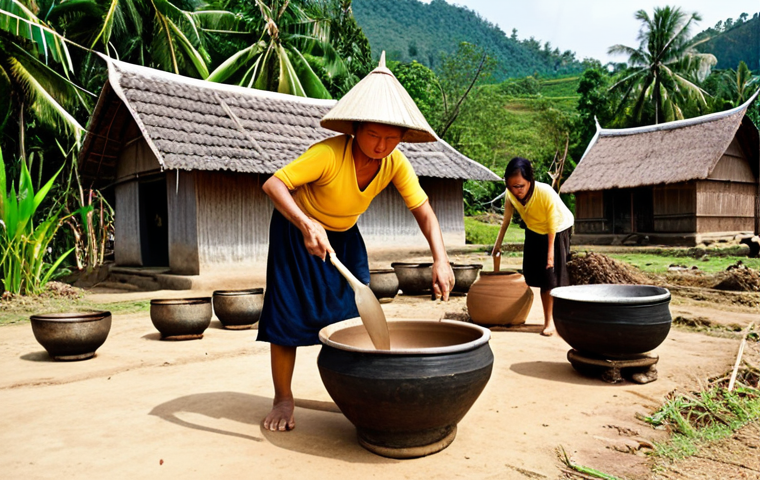 **

A picturesque scene of a rural Thai village, focusing on the traditional production of *Surachet*. Villagers are actively engaged in the process: one is stirring a large pot over a fire, another is tending to rice fermentation in traditional clay pots, and a third is carefully pouring the finished *Surachet* into glass bottles. In the background, lush rice paddies and traditional wooden houses complete the idyllic scene. The atmosphere is warm, inviting, and highlights the cultural heritage of the village and the community's connection to this local spirit. Style: Documentary photography.

**