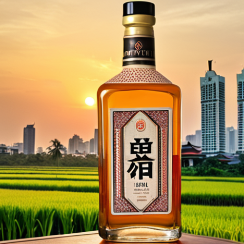 Home 17 **Image Prompt:** A beautifully designed bottle of Thai rice liquor, showcasing a traditional Thai pattern on the label. In the background, rice fields at sunset and modern skyscrapers symbolize the blend of tradition and modernity.
