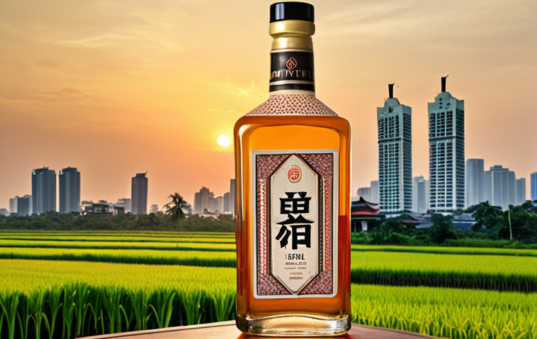 **Image Prompt:** A beautifully designed bottle of Thai rice liquor, showcasing a traditional Thai pattern on the label. In the background, rice fields at sunset and modern skyscrapers symbolize the blend of tradition and modernity.