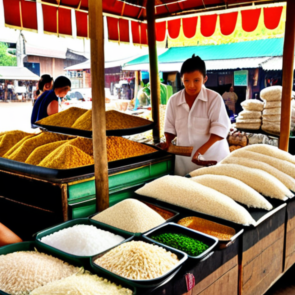 **

"A vibrant Thai marketplace scene with stalls selling locally produced rice liquor. Focus on the natural ingredients like jasmine rice and herbs, emphasizing the traditional Thai packaging and branding. Consumers are interacting with vendors, showcasing a modern appreciation for Thai heritage and craftsmanship."

**