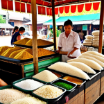 **

"A vibrant Thai marketplace scene with stalls selling locally produced rice liquor. Focus on the natural ingredients like jasmine rice and herbs, emphasizing the traditional Thai packaging and branding. Consumers are interacting with vendors, showcasing a modern appreciation for Thai heritage and craftsmanship."

**