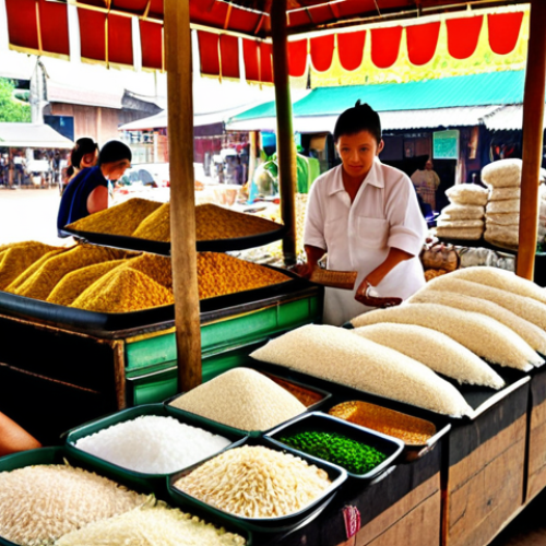 Home 16 **
"A vibrant Thai marketplace scene with stalls selling locally produced rice liquor. Focus on the natural ingredients like jasmine rice and herbs, emphasizing the traditional Thai packaging and branding. Consumers are interacting with vendors, showcasing a modern appreciation for Thai heritage and craftsmanship."
**