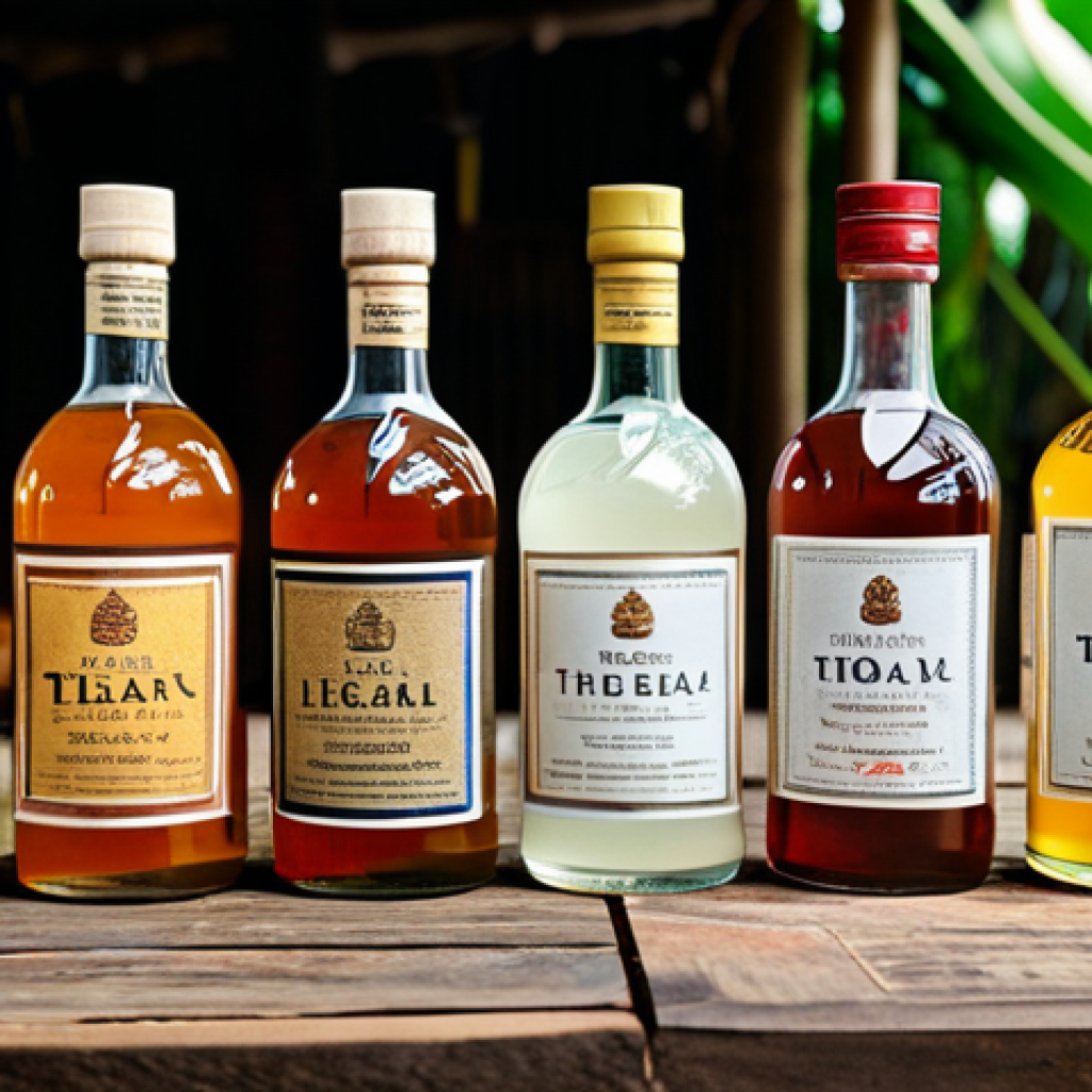 **
"A curated selection of artisanal Thai rice liquor bottles arranged on a rustic wooden table. Background includes traditional Thai textiles and handicrafts, creating a sense of local culture. Bottles are fully labeled and professionally presented. safe for work, appropriate content, fully clothed, professional product photography, perfect anatomy (of the bottles), correct proportions, natural lighting, family-friendly."
**