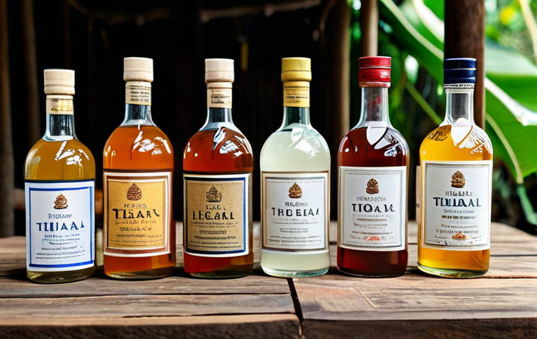 **

"A curated selection of artisanal Thai rice liquor bottles arranged on a rustic wooden table. Background includes traditional Thai textiles and handicrafts, creating a sense of local culture. Bottles are fully labeled and professionally presented. safe for work, appropriate content, fully clothed, professional product photography, perfect anatomy (of the bottles), correct proportions, natural lighting, family-friendly."

**
