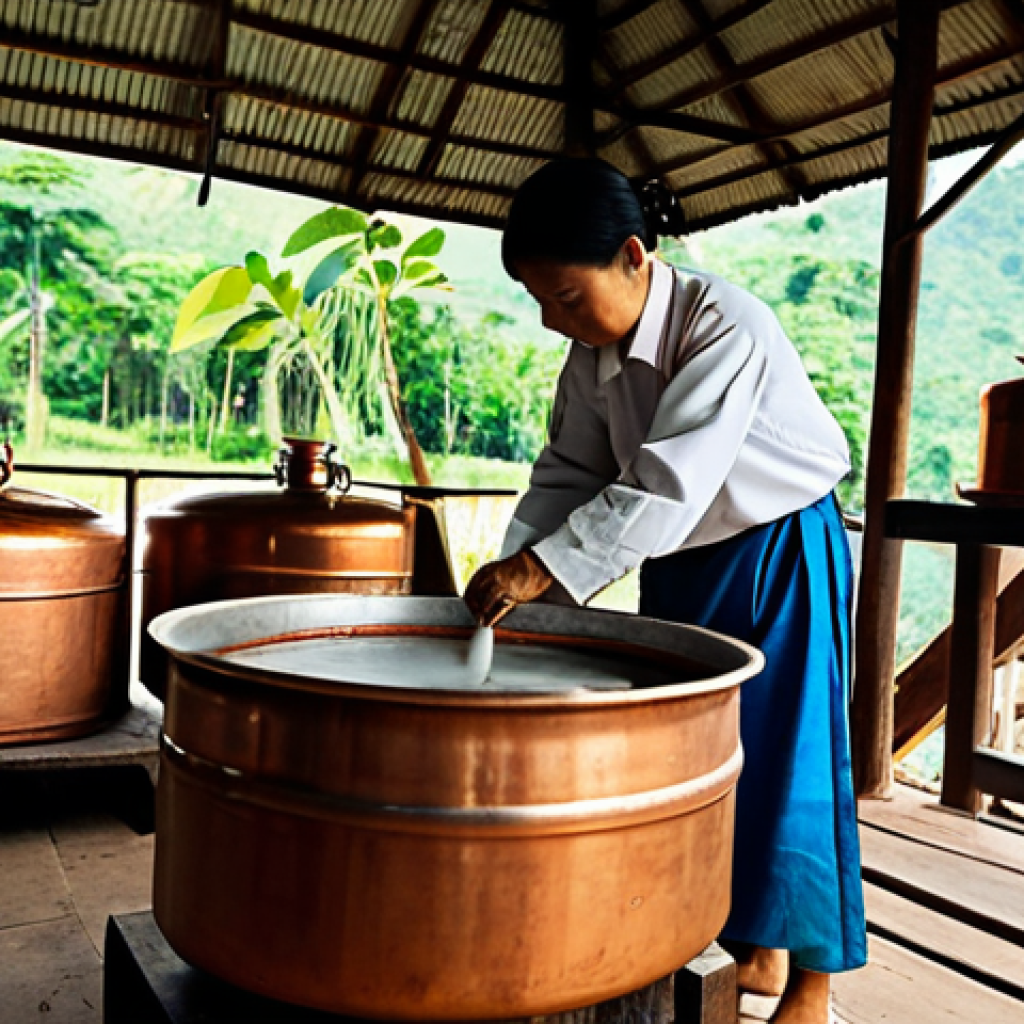 전통주 브랜드와 관련된 FAQ - **Image Prompt 1:** A professional distiller, fully clothed in modest, traditional Thai clothing, ca...
