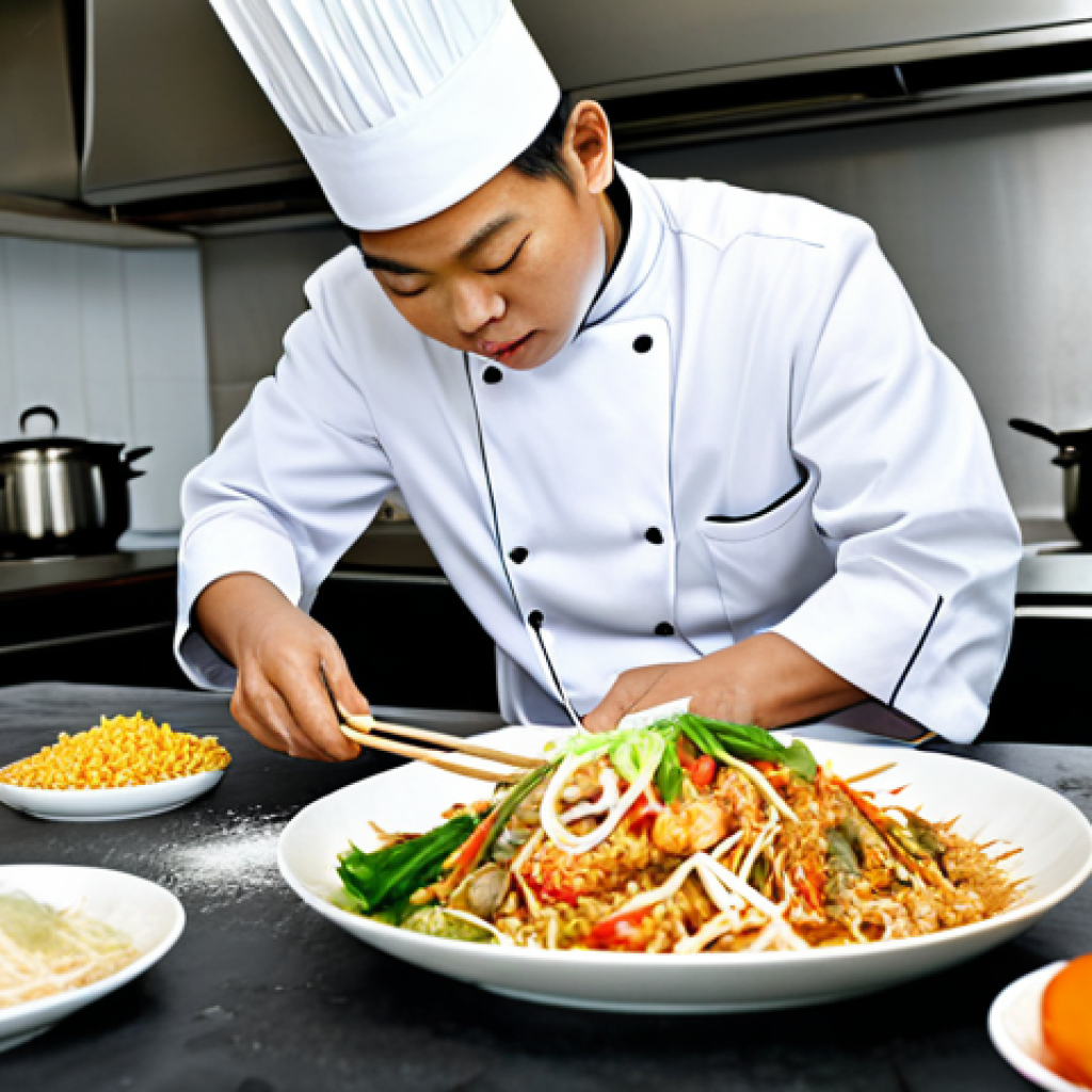 전통주 브랜드의 음용 문화 연구 - A professional Thai chef in a clean, modern kitchen, preparing Pad Thai with fresh ingredients, full...