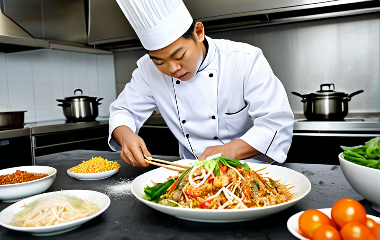 전통주 브랜드의 음용 문화 연구 - A professional Thai chef in a clean, modern kitchen, preparing Pad Thai with fresh ingredients, full...
