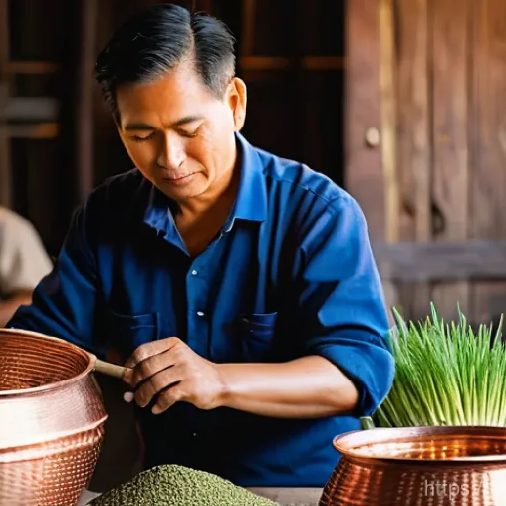 전통주 브랜드와 고객의 기대 - **Prompt:** A detailed, close-up shot of a skilled Thai artisan, wearing clean, practical attire, me...