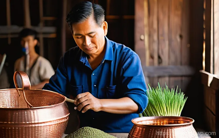 전통주 브랜드와 고객의 기대 - **Prompt:** A detailed, close-up shot of a skilled Thai artisan, wearing clean, practical attire, me...