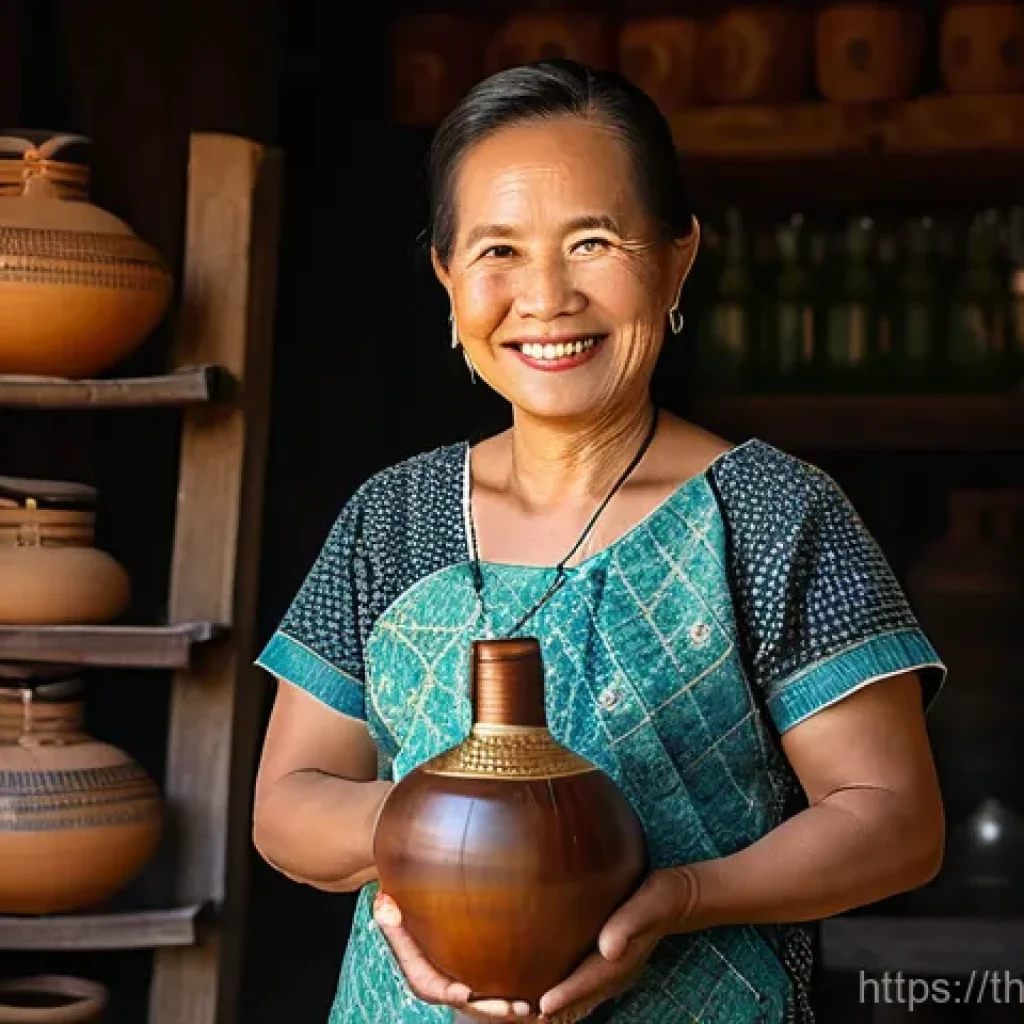전통주 브랜드의 비즈니스 모델 - A Thai craft spirits distiller, a middle-aged woman with a warm smile and kind eyes, proudly holding...
