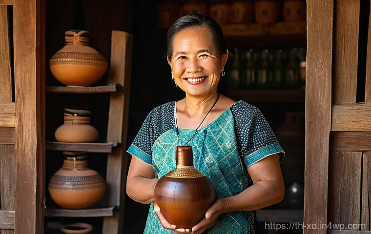 전통주 브랜드의 비즈니스 모델 - A Thai craft spirits distiller, a middle-aged woman with a warm smile and kind eyes, proudly holding...