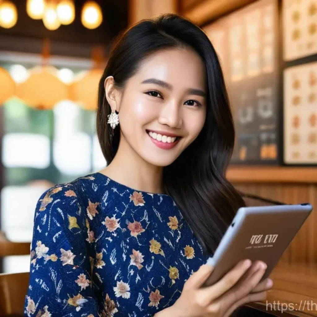 전통주 브랜드의 온라인 리뷰 관리 - **Prompt:** A young Thai woman, in her late 20s, wearing a stylish yet modest floral dress, sits at ...