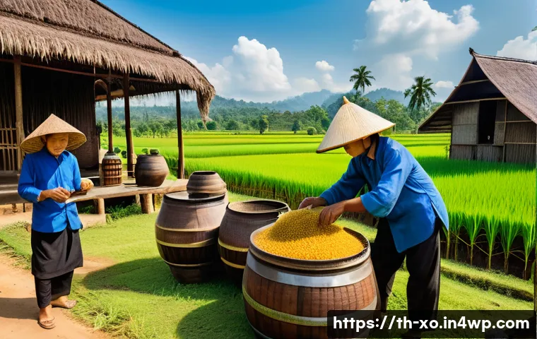 전통주 브랜드의 독창성 분석 - A traditional Thai rice whiskey distillery scene set in northeastern Thailand, featuring local artis...
