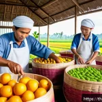 Home 19 전통주 브랜드의 품질 인증 제도 - A vibrant local beverage production scene in a tropical Thai village, showcasing farmers carefully s...