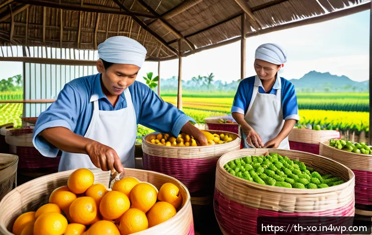 전통주 브랜드의 품질 인증 제도 - A vibrant local beverage production scene in a tropical Thai village, showcasing farmers carefully s...