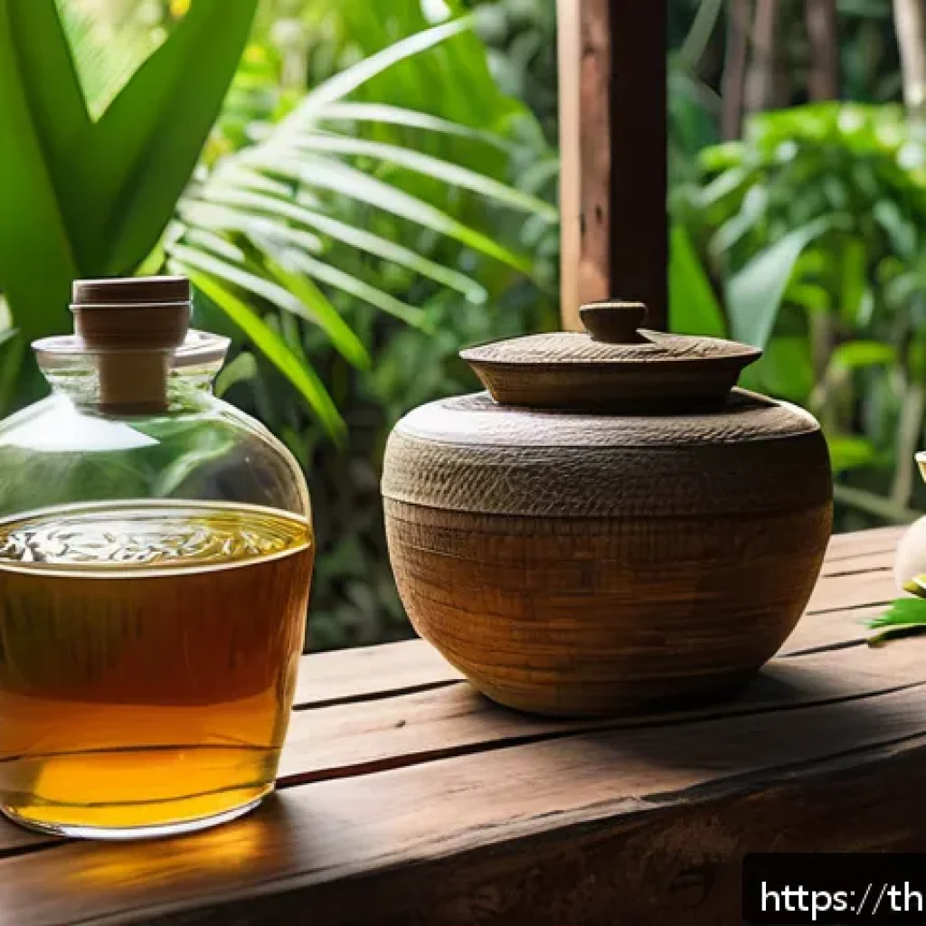 전통주 브랜드와 건강의 관계 - A rustic northern Thai village scene featuring traditional sticky rice whiskey production: a wooden ...