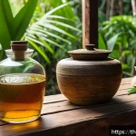 Home 18 전통주 브랜드와 건강의 관계 - A rustic northern Thai village scene featuring traditional sticky rice whiskey production: a wooden ...