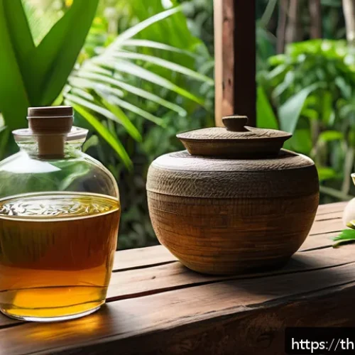 Home 30 전통주 브랜드와 건강의 관계 - A rustic northern Thai village scene featuring traditional sticky rice whiskey production: a wooden ...