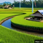 Home 23 전통주 브랜드의 친환경 경영 - A traditional Thai rural distillery scene showcasing sustainable organic rice fields with local farm...