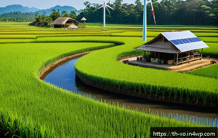 전통주 브랜드의 친환경 경영 - A traditional Thai rural distillery scene showcasing sustainable organic rice fields with local farm...