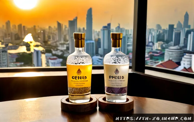 Home 17 전통주 브랜드의 해외 진출 사례 - Photorealistic premium Thai rice spirit export concept, elegant clear glass bottles with blank unbra...