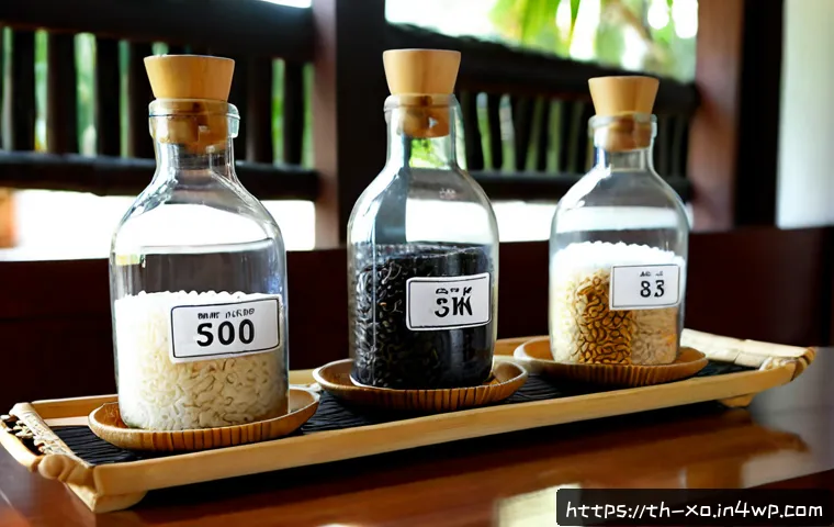 전통주 브랜드별 가격대 비교 - Photorealistic Thai traditional rice spirit price comparison display, three unbranded clear glass bo...