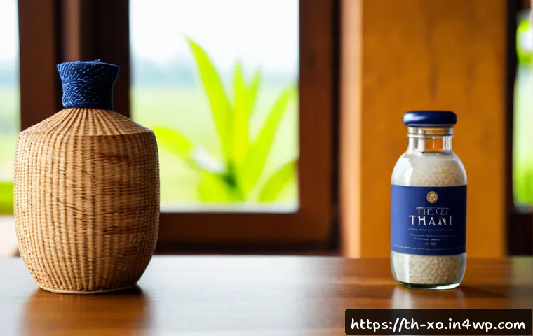 전통주 브랜드의 패키지 디자인 혁신 - Photorealistic premium Thai traditional rice spirit packaging redesign, elegant matte ceramic bottle...
